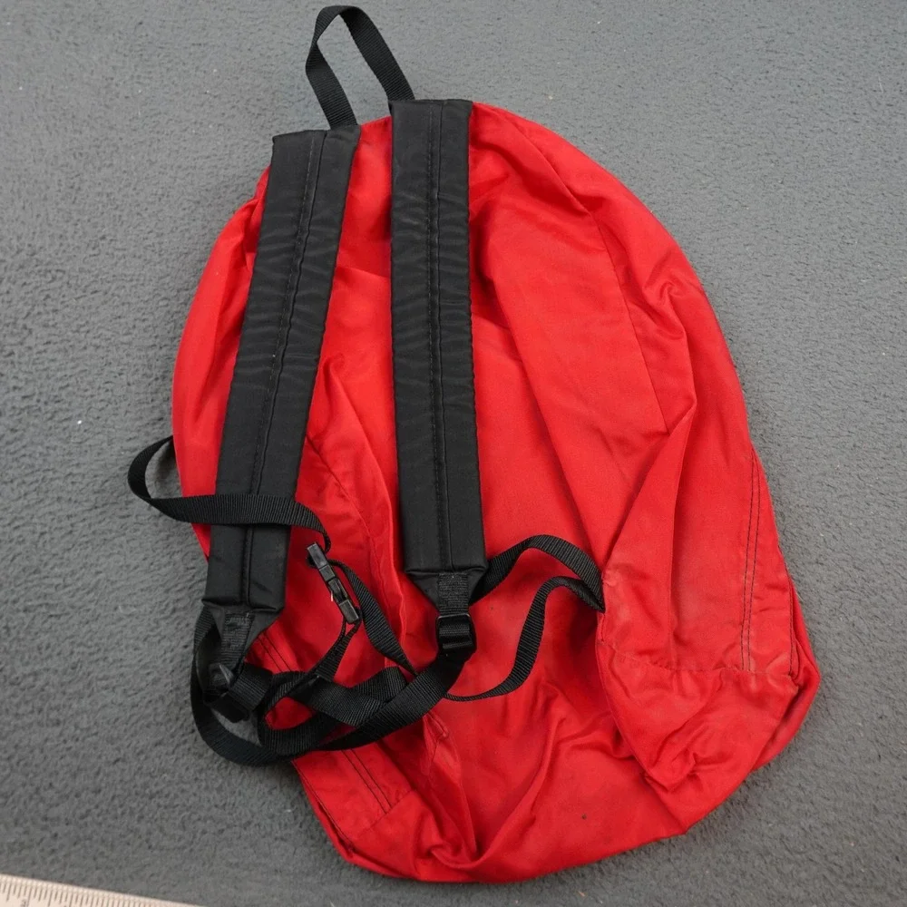 Vintage Eddie Bauer Backpack Red Daypack Leather Lash Patch Black Straps Hiking